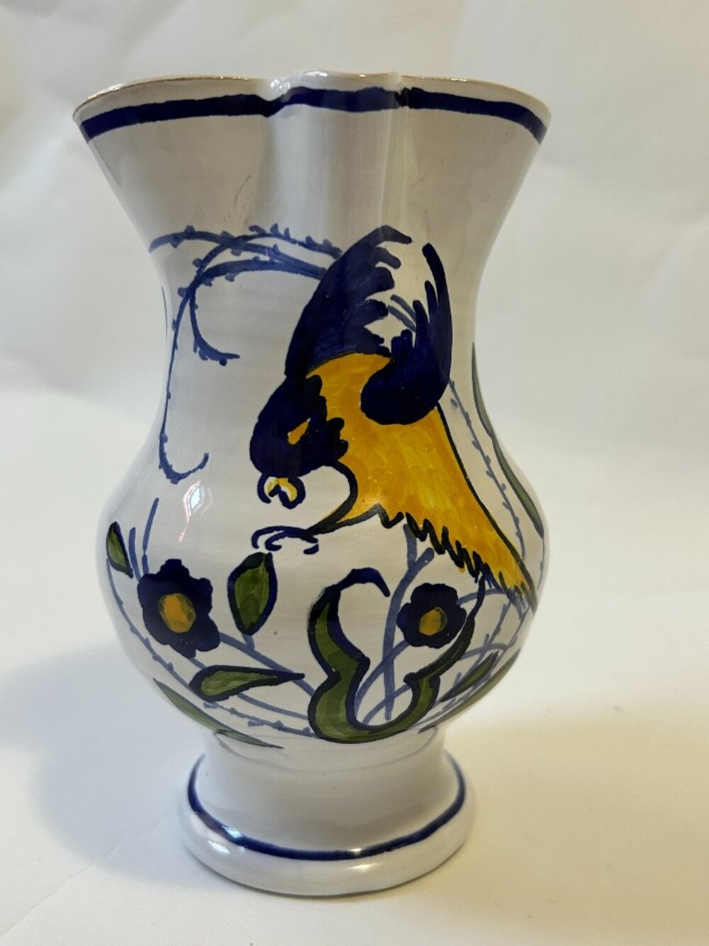 Vintage Italy Bontempo Ceramic Hand-Painted pitcher vase flying blue bird signed